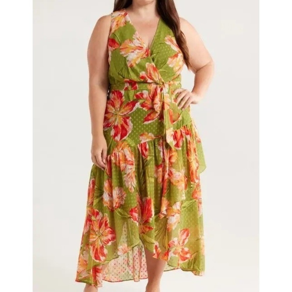Anne Klein Floral Print High Low Faux Wrap Green Leaf Dress Womens Size 18W NWT
